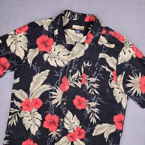 Havana Jack's Cafe Shirt Mens XL‎ Black Red Beige Silk Hawaiian Floral Button Up